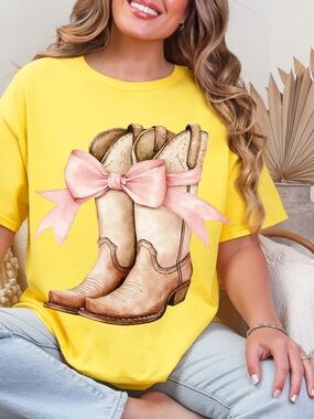 Gildan Yellow Tee with Cowboy Boots and Pink Bow Graphic